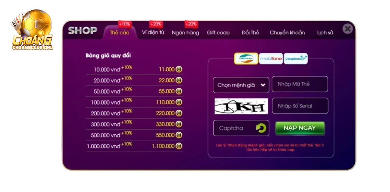 NẠP TIỀN CHOANGCLUB BẰNG VÍ ĐIỆN TỬ VÀ THẺ CÀO ĐIỆN THOẠI 7 HƯỚNG DẪN 2 CÁCH NẠP TIỀN CHOANGCLUB AN TOÀN